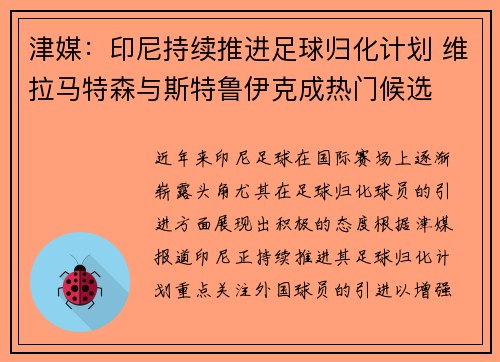 津媒:印尼持续推进足球归化计划 维拉马特森与斯特鲁伊克成热门候选 津媒:印尼持续推进足球归化计划 维拉马特森与斯特鲁伊克成热门候选